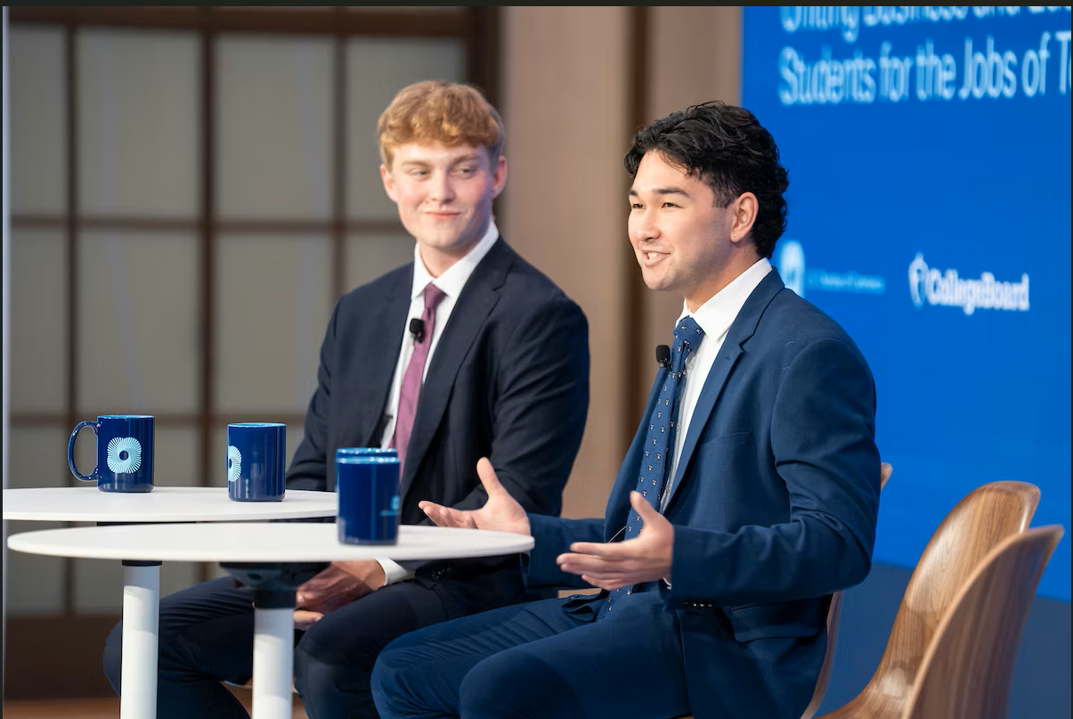 Kaedin Jaramillo (R), a student at Arizona State University, speaks alongside Austin Bourn (L), a student at Cornell University, about their experience in the AP Business and Personal Finance pilot course during the "From Classrooms to Careers" event at the U.S. Chamber of Commerce.